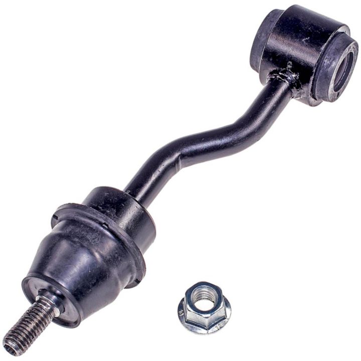 Curved SK3196 ProSeries OE+ Stabilizer Links in black with a threaded end and an attached nut placed beside it.