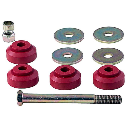 SL59345 ProSeries OE+ Stabilizer Links set in red and silver metal finish, featuring washers, bushings, nuts, and a bolt on a white background.