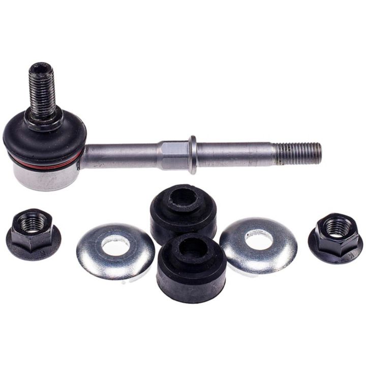 SK9825XL ProSeries OE+ Stabilizer Links with accompanying nuts, rubber bushings, and metal washers arranged in front of the main part.