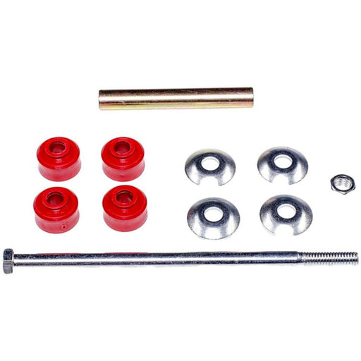 SK90104 ProSeries OE+ Stabilizer Links with red bushings, metal washers, bolt, nut, and a spacer rod laid out on a white background.
