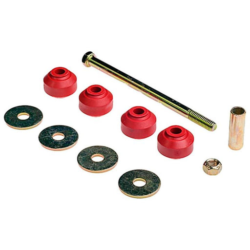 SK8989 ProSeries OE+ Stabilizer Links, including a set of automotive suspension bushings, washers, bolt, and small metal sleeve arranged on a white background.