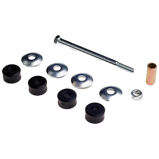 A collection of hardware components including a bolt, washers, rubber grommets, a nut, and a cylindrical spacer from the SK90247 ProSeries OE+ Stabilizer Links.