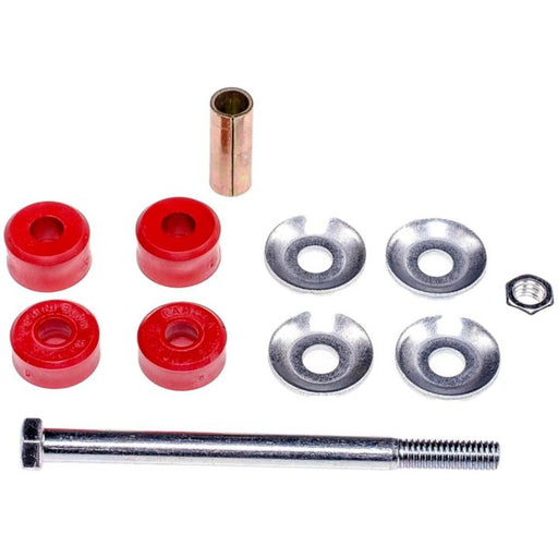 The SK90389 ProSeries OE+ Stabilizer Links components, which include a metal bolt, nut, four washers, four red bushings, and a cylindrical metal spacer, are arranged on a white background.