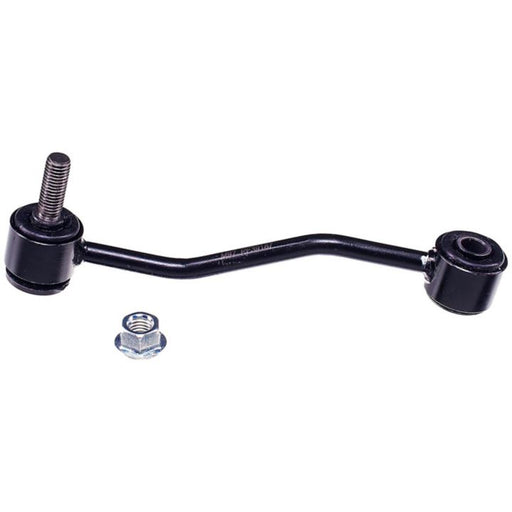 The SK80101 ProSeries OE+ Stabilizer Link is a black metal rod with a threaded stud on one end and a rubber bushing on the other, accompanied by a hex nut.