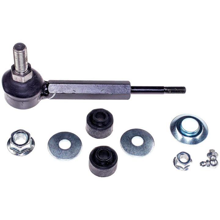 A SL74165 ProSeries OE+ Stabilizer Links assembly with nuts, washers, and bushings arranged on a white background.