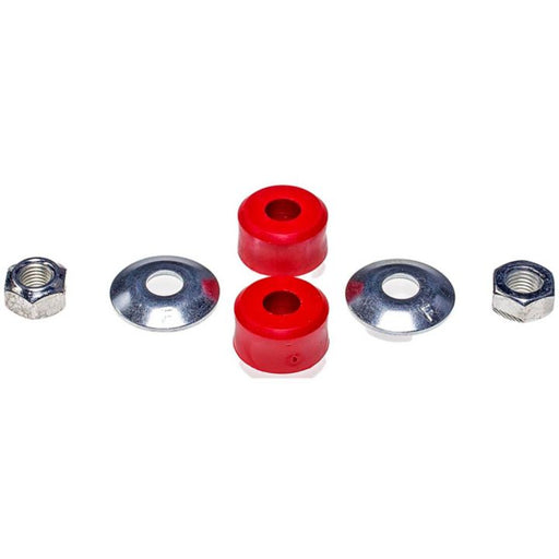 A set from the RK90128 ProSeries OE+ Stabilizer Link Repair Kit, including two red skateboard bushings, two washers, and two nuts, displayed on a white background.