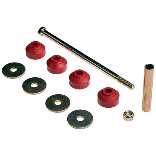 The SK8772 ProSeries OE+ Stabilizer Links set, including metal washers, rubber grommets, a threaded rod, nut, and metal spacer arranged on a white background.
