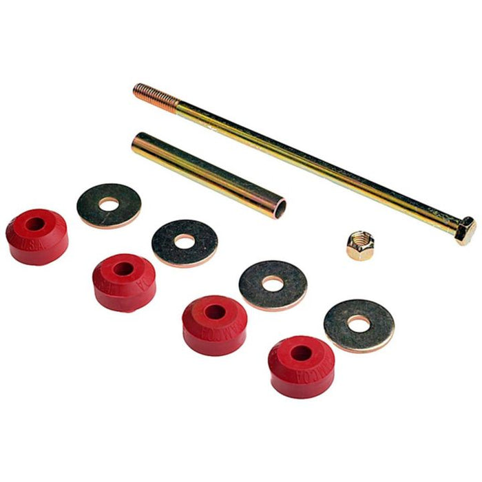 A set of SK8848 ProSeries OE+ Stabilizer Links hardware, including a bolt, tube, nut, washers, and red bushings arranged on a white background.