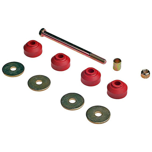 Assorted hardware pieces, including components from the SK6600 ProSeries OE+ Stabilizer Links, such as a metal bolt, washers, red bushings, and a small metal sleeve against a white background.