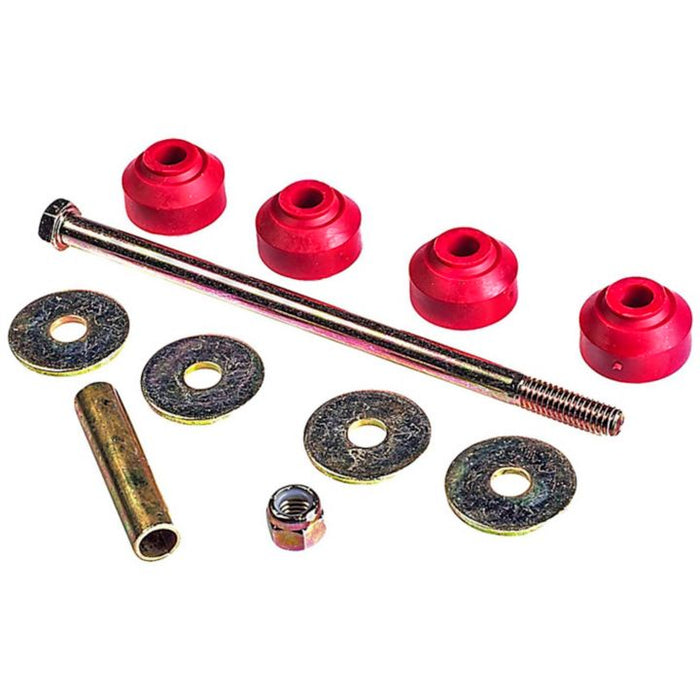 SK6630 ProSeries OE+ Stabilizer Links, including a metal rod, four red rubber bushings, four metal washers, one metal sleeve, and one hex nut on a white background.