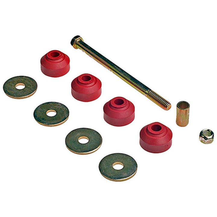 The SK5342 ProSeries OE+ Stabilizer Links, featuring red rubber bushings, metal washers, a bolt, a nut, and a cylindrical spacer, are meticulously arranged on a white background.