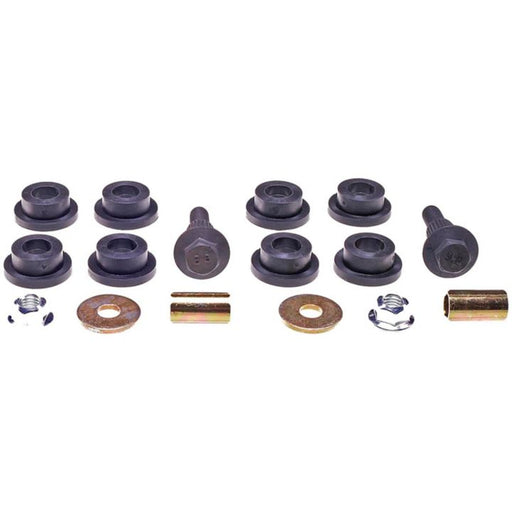 RK80085 ProSeries OE+ Stabilizer Links, along with assorted mechanical parts including bolts, washers, and bushings, arranged in rows on a white background.