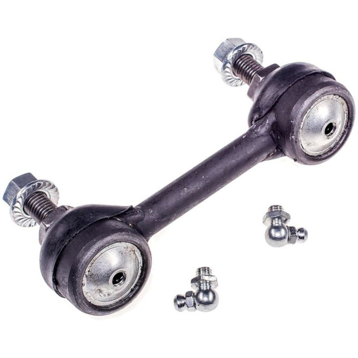 Close-up of an SL90500 ProSeries OE+ Stabilizer Link bar in black, with two grease fittings placed beside it.