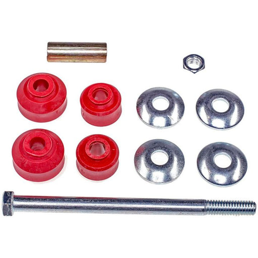 A collection of skateboard hardware from the SK6690 ProSeries OE+ Stabilizer Links, including red bushings, washers, a bolt, a cylindrical spacer, and a nut.