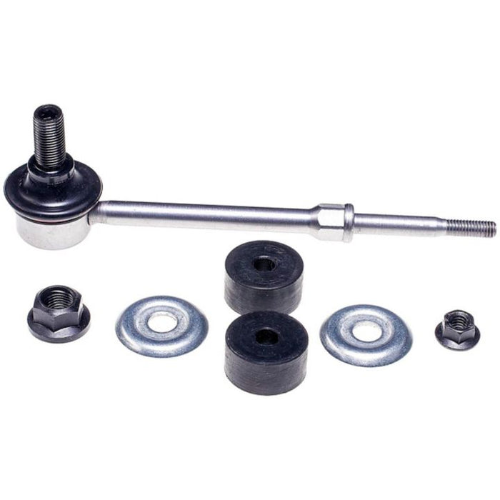 The SL74185XL ProSeries OE+ Stabilizer Links set includes a metal rod with threaded ends, accompanied by two washers, two rubber grommets, and three nuts of varying sizes arranged below it.