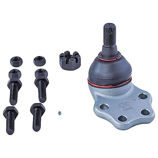 A BJ81375XL NASCAR Advantage Ball Joint - Front, complete with bolts, nuts, and a castle nut, all arranged against a white background.