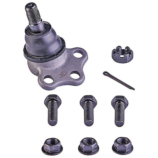 The BJ81216XL NASCAR Advantage Ball Joint - Front, featuring four bolts, nuts, a cotter pin, and a castle nut, displayed on a white background.
