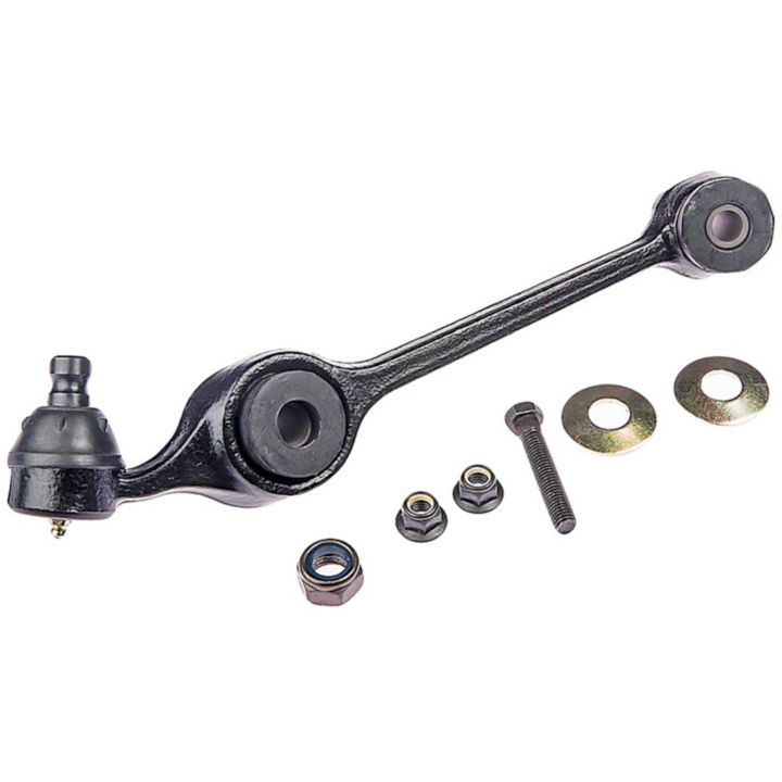 The CB8421 ProSeries OE+ Control Arm in black, featuring an attached ball joint, complete with metal washers, nuts, and a bolt, is displayed against a white background.