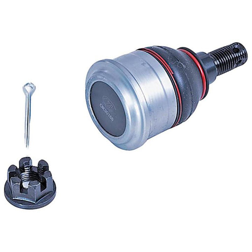 The BJ59435XL NASCAR Advantage Ball Joint - Front, featuring a nut, cotter pin, and cylindrical metal casing, is designed for use in a vehicle's suspension system.