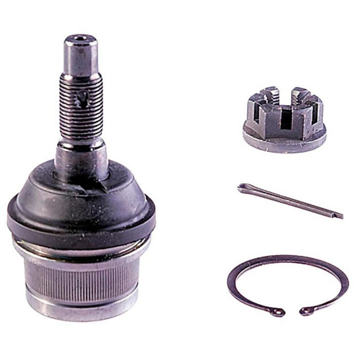 The BJ96086XL NASCAR Advantage Ball Joint - Front, complete with a nut, cotter pin, and snap ring, displayed on a white background.