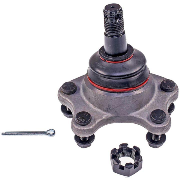 A NASCAR Advantage Ball Joint (BJ74056XL) - Front, accompanied by a cotter pin and a castellated nut placed beside it.