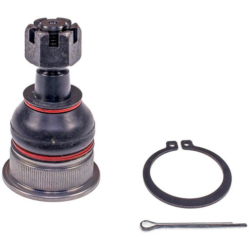 A BJ69355XL NASCAR Advantage Ball Joint - Front, complete with a circlip and a cotter pin, laid out on a white background.