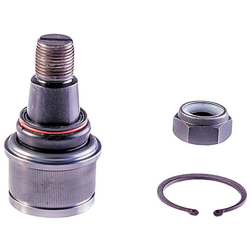 Isolated image of the BJ86315XL NASCAR Advantage Ball Joint - Front, featuring a threaded component, nut, and a circular clip.