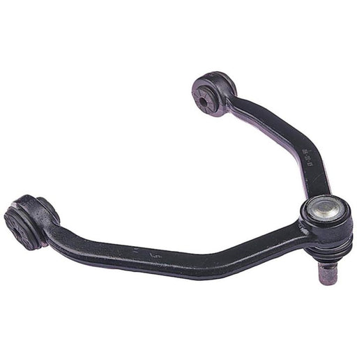 The CB8596 ProSeries OE+ Control Arm is a black vehicle suspension control arm featuring a ball joint and two bushings on either end.