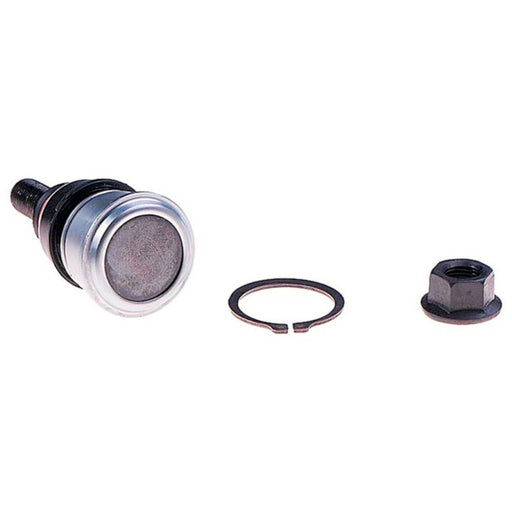 A B8687XL NASCAR Advantage Ball Joint - Front, a small circular retaining clip, and a hex nut on a white background.