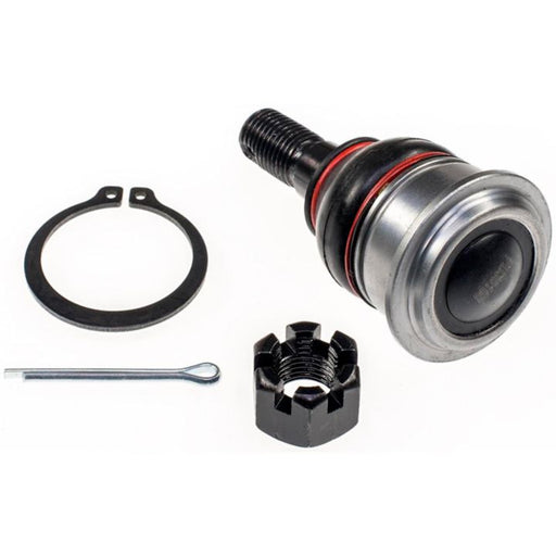 Product Description: The B90434XL NASCAR Advantage Ball Joint - Front, featuring a black joint pin, a cotter pin, a metal bracket, and a castle nut on a white background.