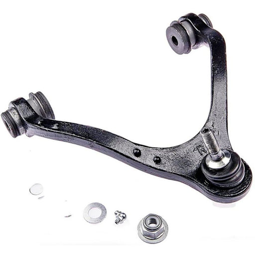 A CB80038 ProSeries OE+ Control Arm in black, featuring bushings, a ball joint, nuts, washers, and a bolt.