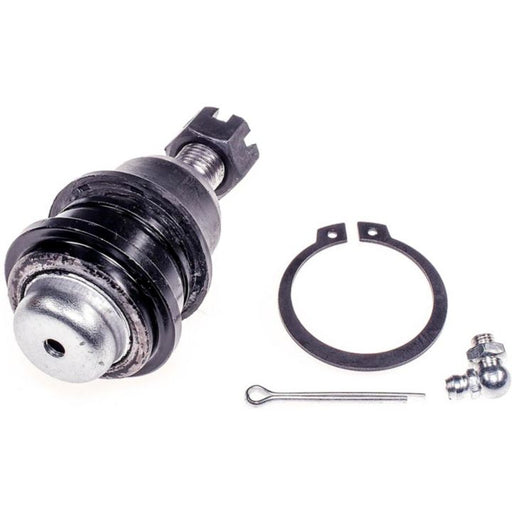 Close-up of the B9509 NASCAR Advantage Ball Joint - Front with accompanying hardware, including a retainer clip, cotter pin, and grease fitting.