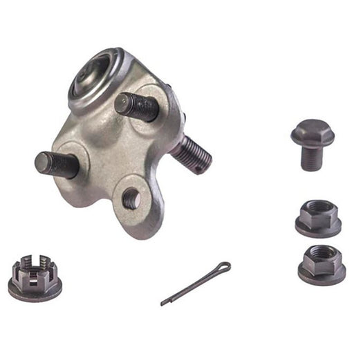 A B9742XL NASCAR Advantage Ball Joint - Front and its accompanying parts, including nuts, bolts, and a cotter pin, arranged on a white background.