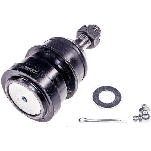 The B6345 NASCAR Advantage Ball Joint - Front, featuring a black ball joint along with a washer, pin, and grease fitting as hardware parts, is displayed on a white background.