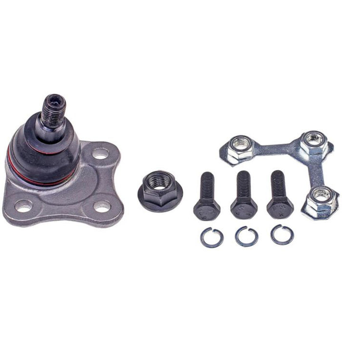 The BJ43353XL NASCAR Advantage Ball Joint - Front, along with its mounting plate, bolts, washers, nuts, and bracket, is laid out on a white background.
