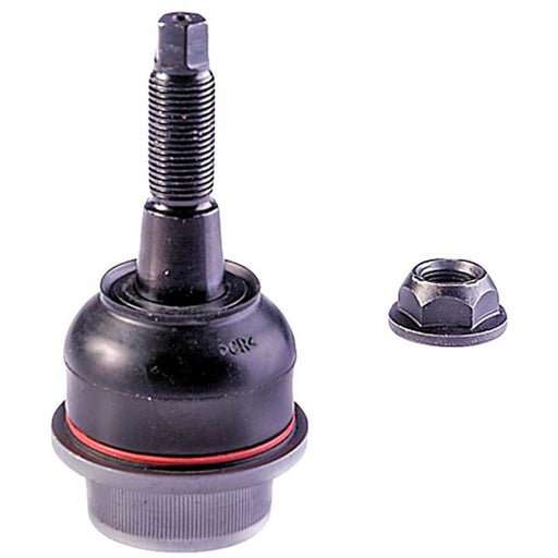 A close-up of the BJ82275XL NASCAR Advantage Ball Joint - Front, featuring its black body with a red ring and a hex nut placed beside it, all set against a white background.