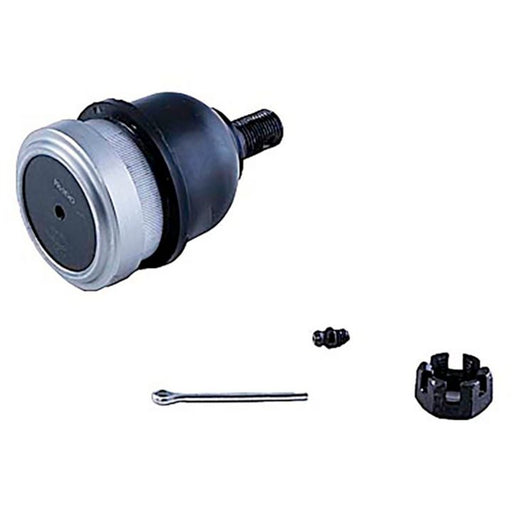 The B6141XL NASCAR Advantage Ball Joint - Front includes a pin, nut, and cotter pin. This ball joint assembly features a black and silver design with a threaded stud.