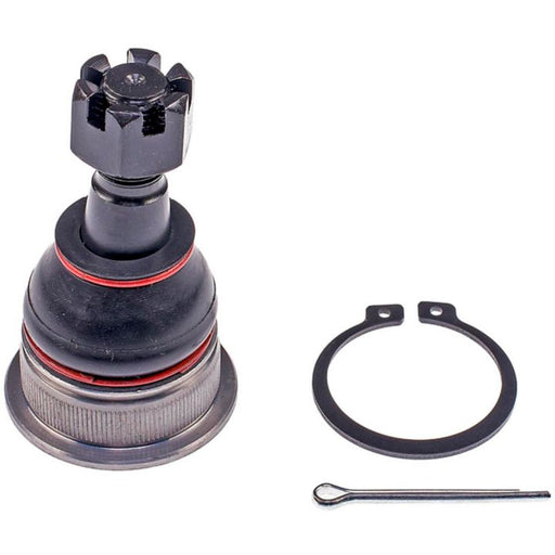 The BJ69335XL NASCAR Advantage Ball Joint - Front, made of metal and rubber, comes with a snap ring and a cotter pin, displayed on a white background.