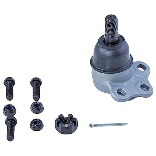A BJ81196XL NASCAR Advantage Ball Joint - Front, complete with bolts, nuts, a castle nut, and a cotter pin, displayed on a white background.