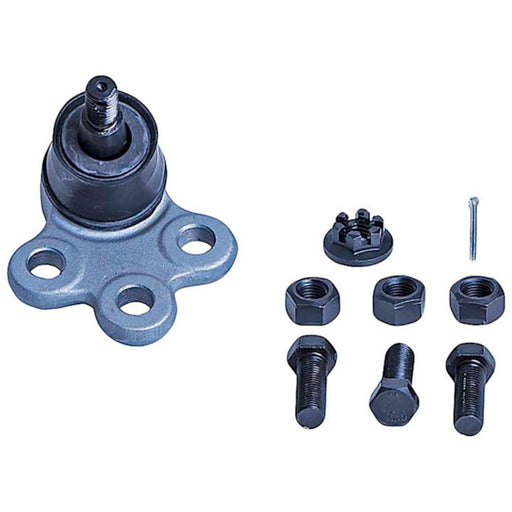 The BJ92105XL NASCAR Advantage Ball Joint - Front, featuring three mounting holes, nuts, bolts, a cotter pin, and a castle nut on a white background.