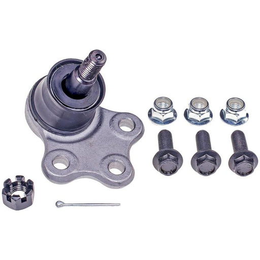 The BJ92265XL NASCAR Advantage Ball Joint - Front, featuring a metallic arm, four bolts, four nuts, a castle nut, and a cotter pin on a white background.