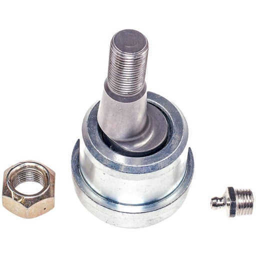 The NASCAR Advantage BJ81005 Front Ball Joint, along with a nut and a small fitting, against a white background.