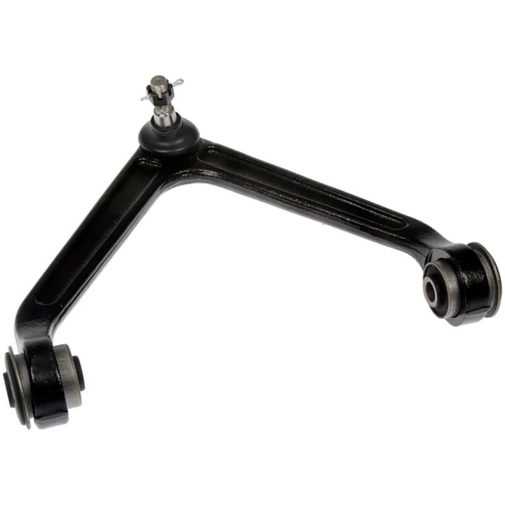 The CB7424 ProSeries OE+ Control Arm is a black control arm with bushings, featuring a ball joint at the top and mounting points at the ends of the arms.