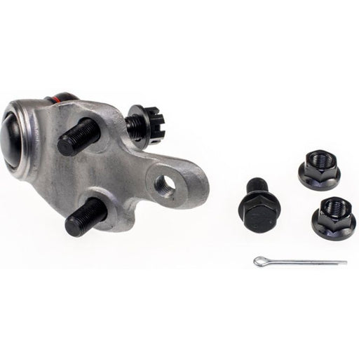The B90347XL NASCAR Advantage Ball Joint - Front, a car or vehicle suspension component, is displayed on a white background with bolts, nuts, and a cotter pin.