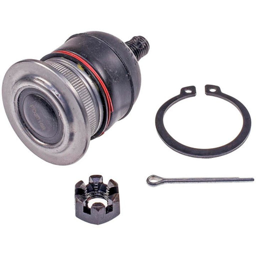 Close-up of the BJ59025XL NASCAR Advantage Ball Joint - Front assembly kit, including a ball joint, snap ring, castle nut, and cotter pin.