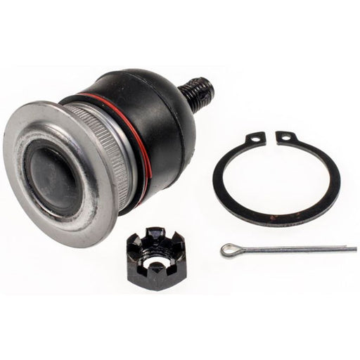 The B90469XL NASCAR Advantage Ball Joint - Front with a rubber boot, retaining ring, lock nut, cotter pin, and washer on a white background.