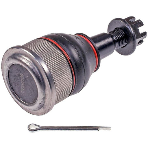 Close-up of a BJ59015XL NASCAR Advantage Ball Joint - Front, featuring a red seal, black components, and an included cotter pin placed beside it.