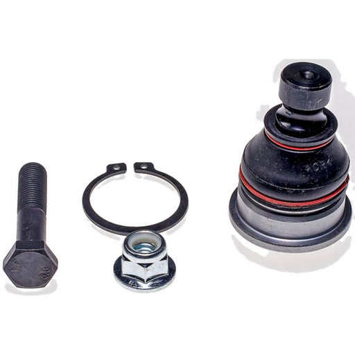 A BJ67005XL NASCAR Advantage Ball Joint - Front assembly with a bolt, nut, snap ring, and the ball joint component itself on a white background.