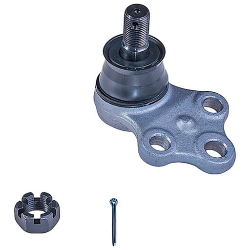A BJ69015XL NASCAR Advantage Front Ball Joint in gray, featuring a castle nut and a cotter pin, set against a white background.