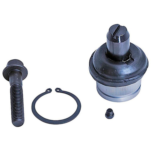 Close-up of the BJ85156XL NASCAR Advantage Ball Joint - Front kit, featuring a bolt, snap ring, and grease fitting meticulously arranged on a pristine white background.